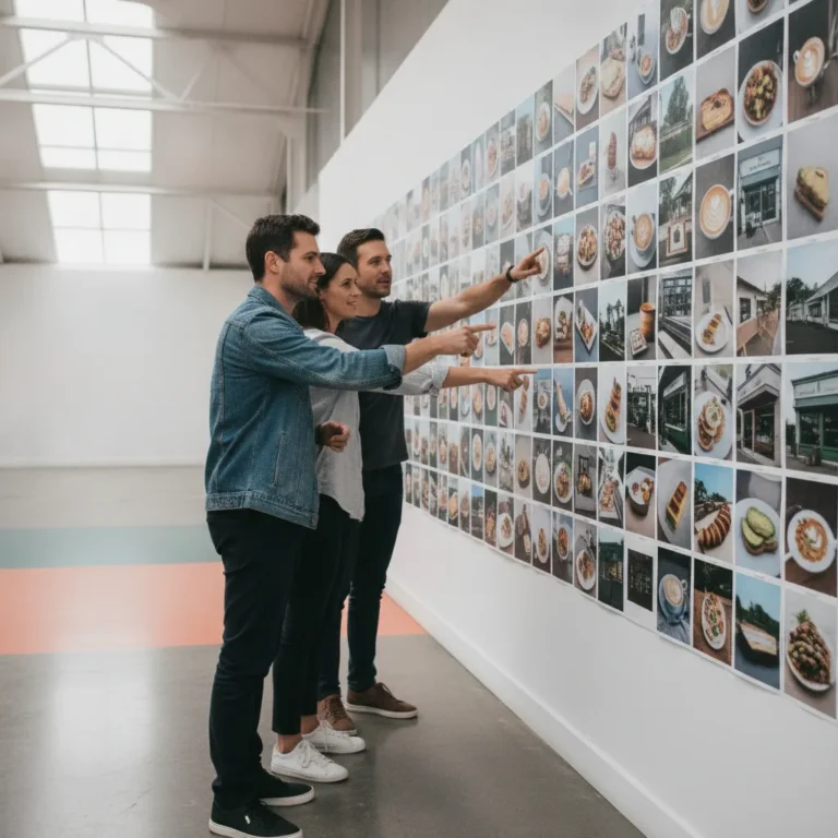 Three marketers stand together in a bright studio reviewing a wall of printed social media photos