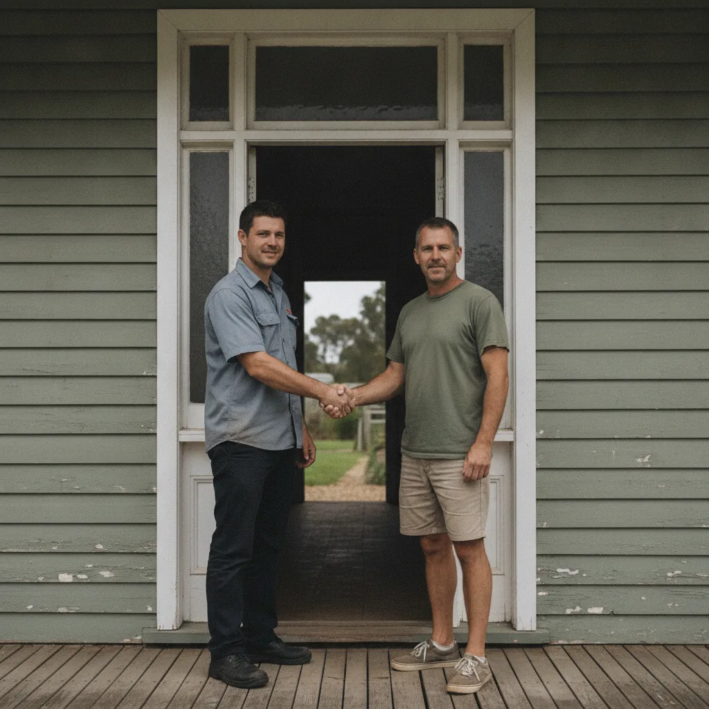 Two people shaking hands at a front door on an overcast day