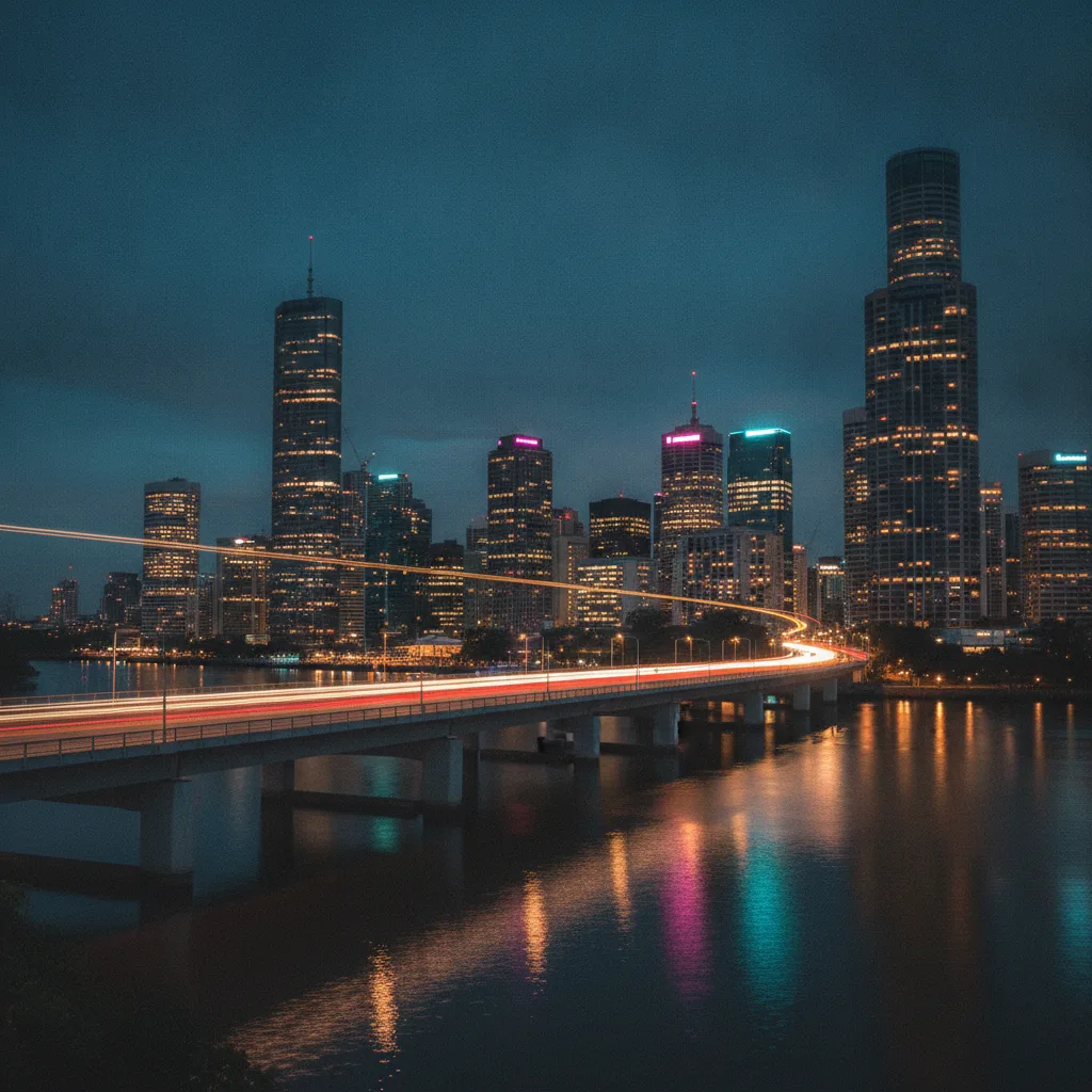Brisbane city skyline at night with light trails on a bridge and reflections in the river