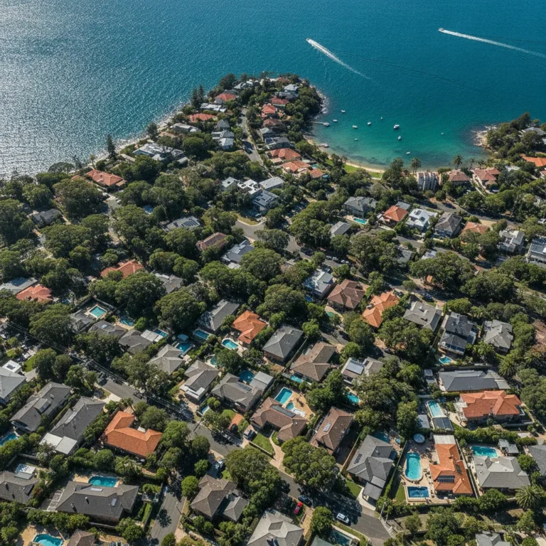 Aerial view of Sutherland Shire suburbs, rooftops and bay on a sunny morning