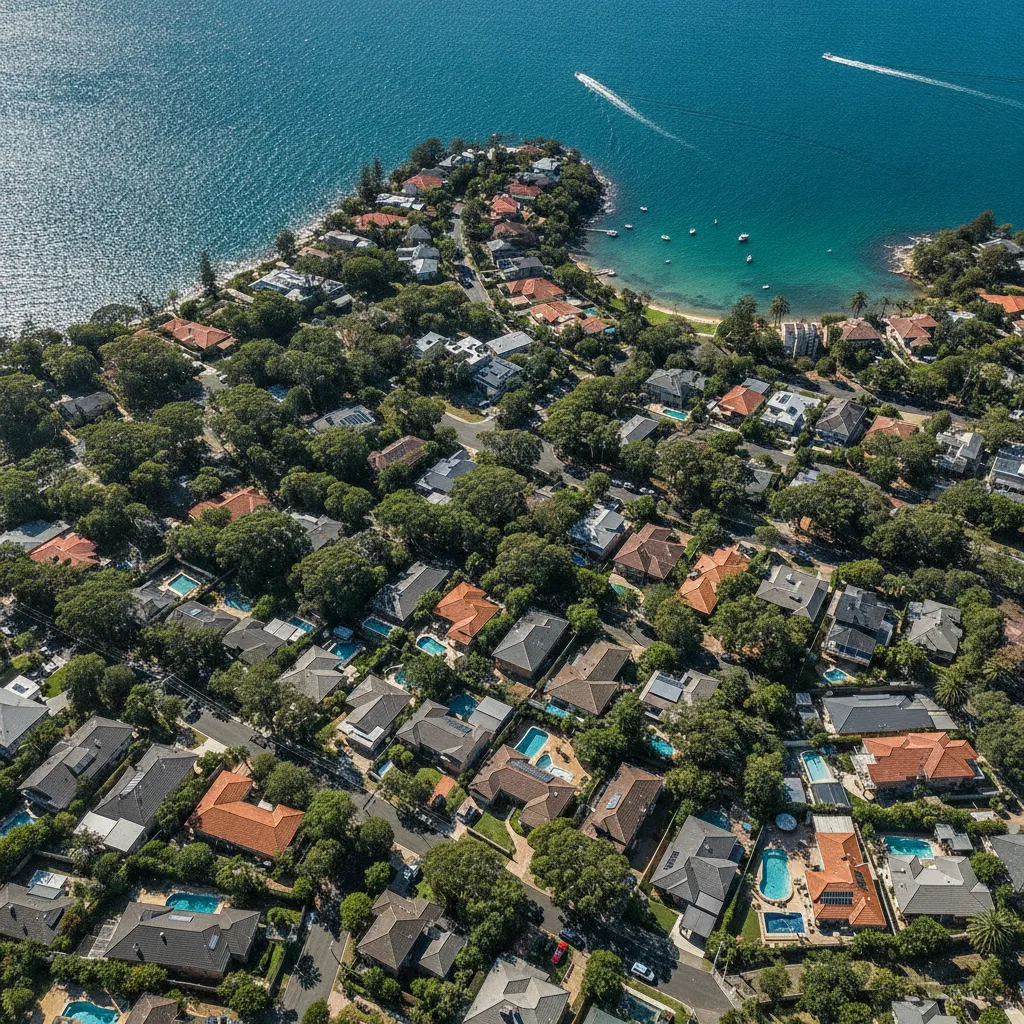 Aerial view of Sutherland Shire suburbs, rooftops and bay on a sunny morning