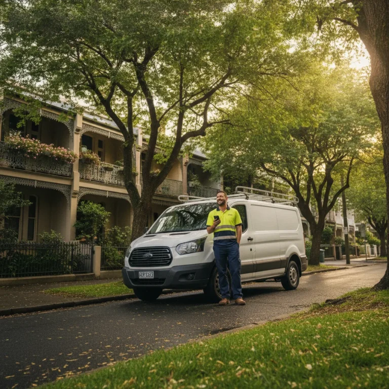 Plumber beside a work van on a Sydney terrace-lined street checking his phone in morning light