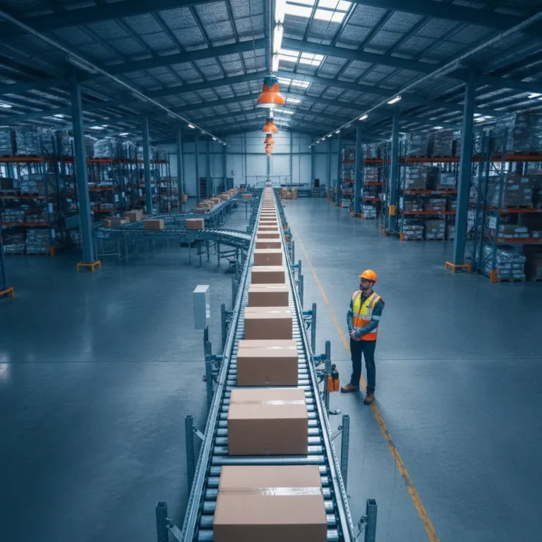 Parcels moving in a neat line along a conveyor belt in a warehouse while a worker watches