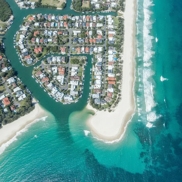Aerial view of a Queensland coastal town where a river meets turquoise ocean