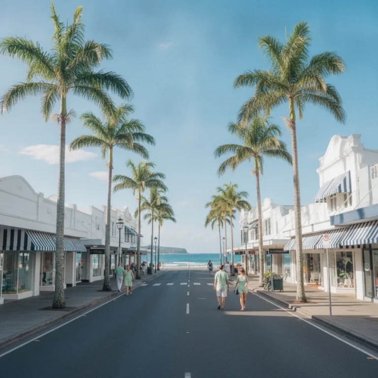 Sunny coastal town main street with palm trees, awnings and the ocean at the end of the road