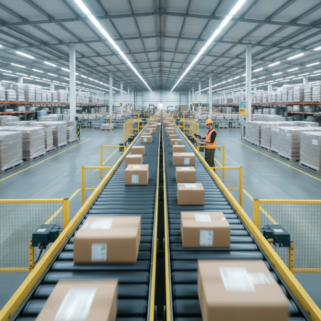 Parcels moving along a conveyor belt in a bright warehouse with a hi-vis worker in the distance