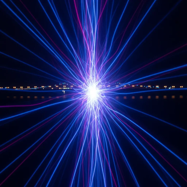 Abstract blue and violet light trails flowing into a glowing point over blurred city lights at night