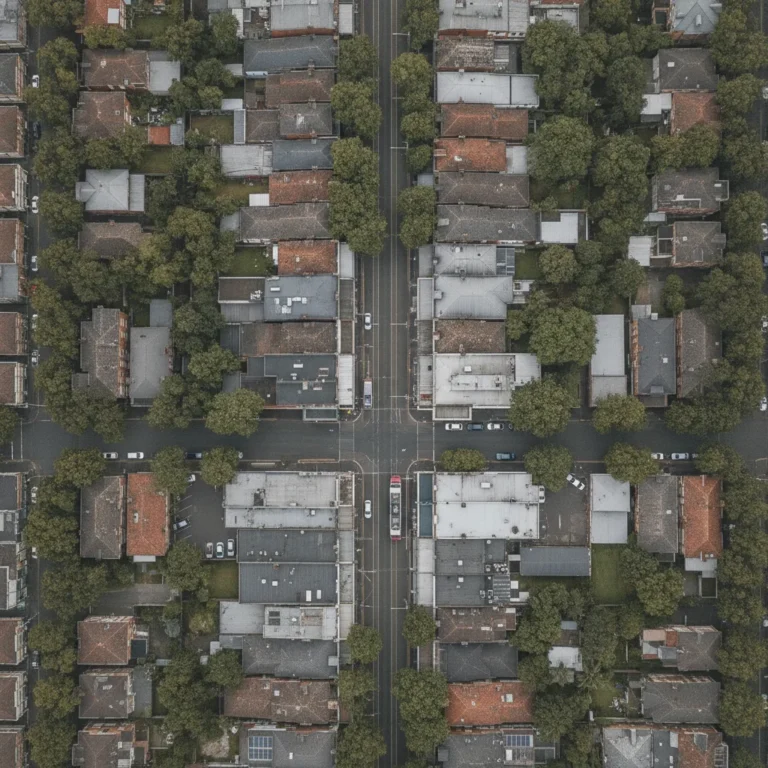 Overcast aerial view of a leafy Melbourne suburb with a small shopping strip and tram line