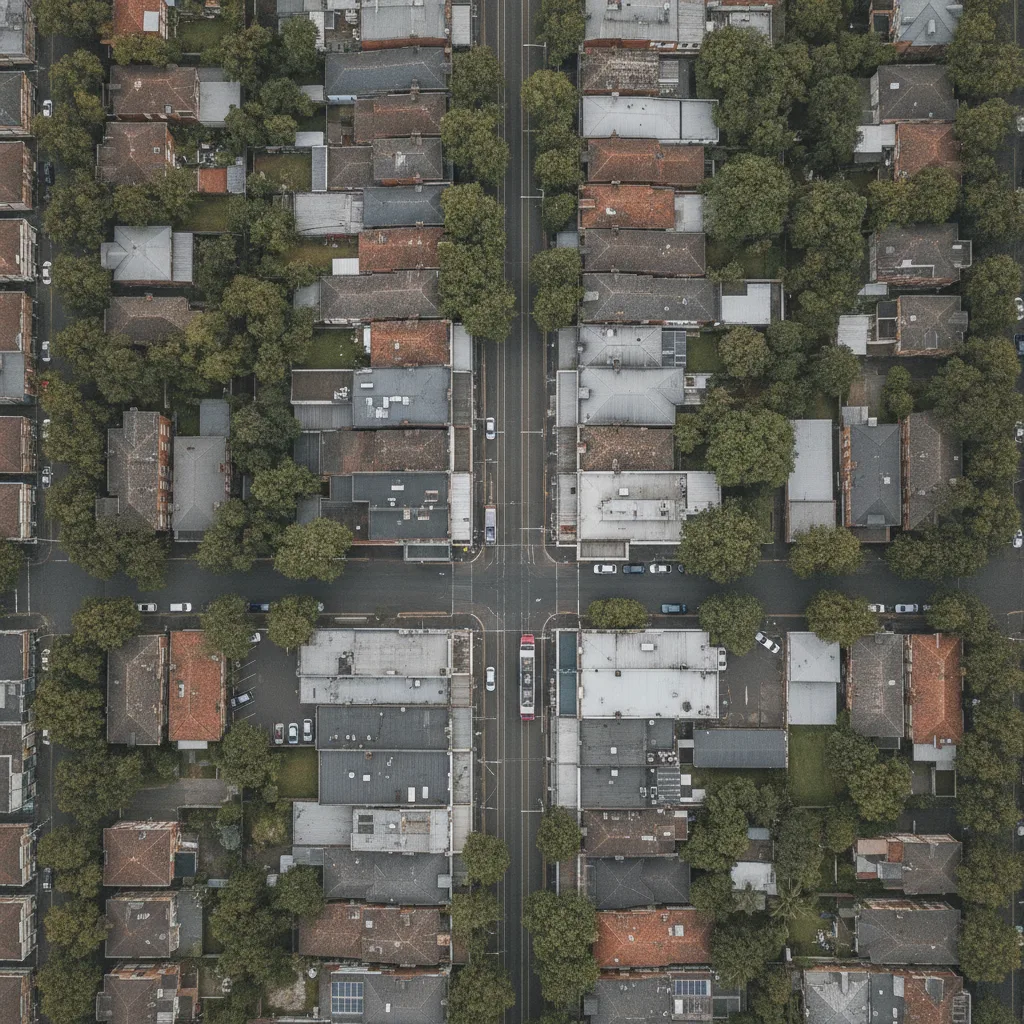 Overcast aerial view of a leafy Melbourne suburb with a small shopping strip and tram line