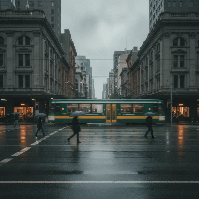 A tram passes heritage buildings on a wet, overcast Melbourne city street