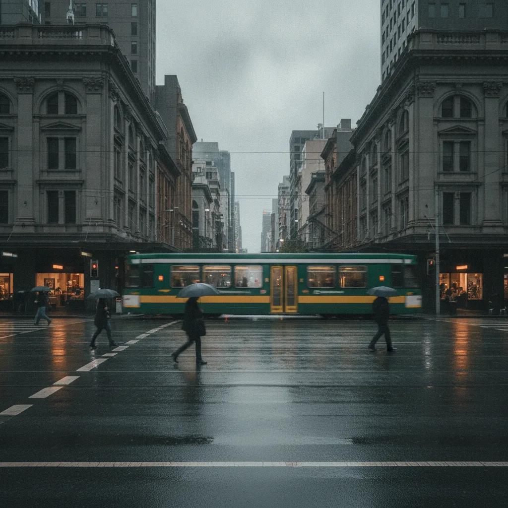 A tram passes heritage buildings on a wet, overcast Melbourne city street