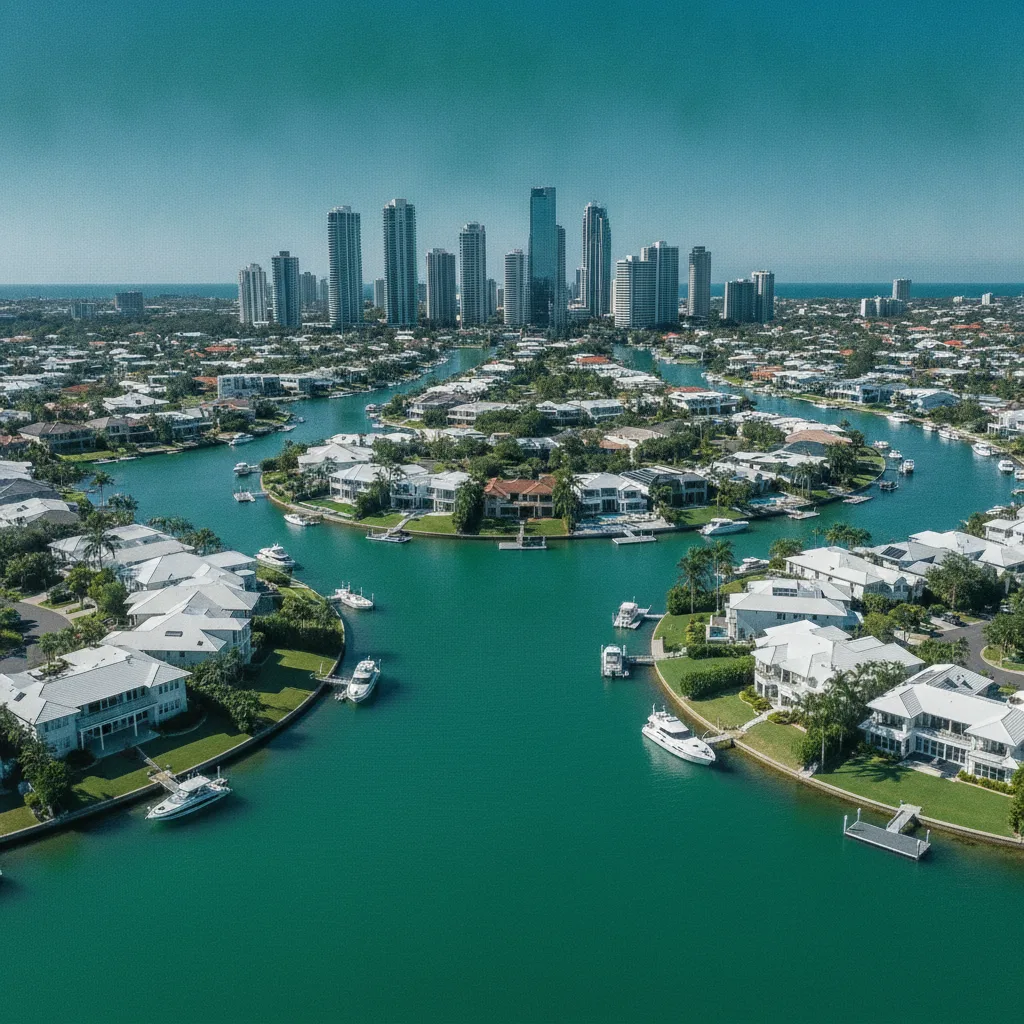 Aerial view of Gold Coast canals, waterfront homes and distant towers in bright sunshine