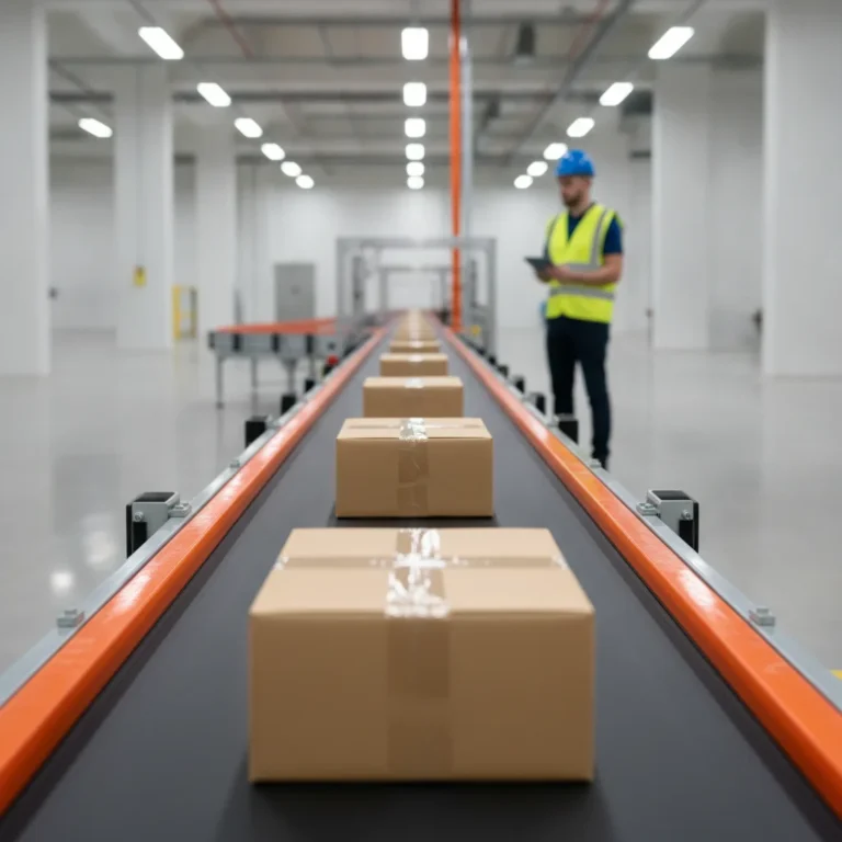 Parcels moving along a conveyor belt in a tidy warehouse with a worker watching