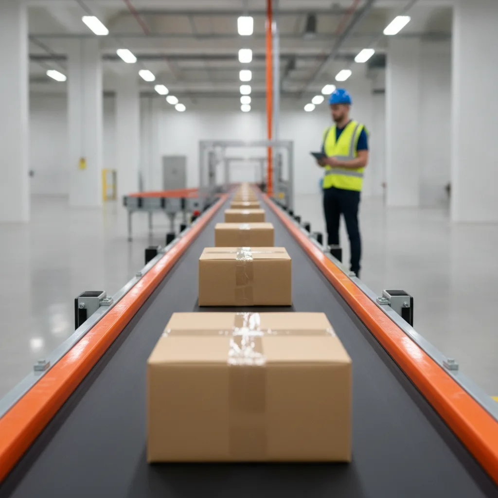 Parcels moving along a conveyor belt in a tidy warehouse with a worker watching
