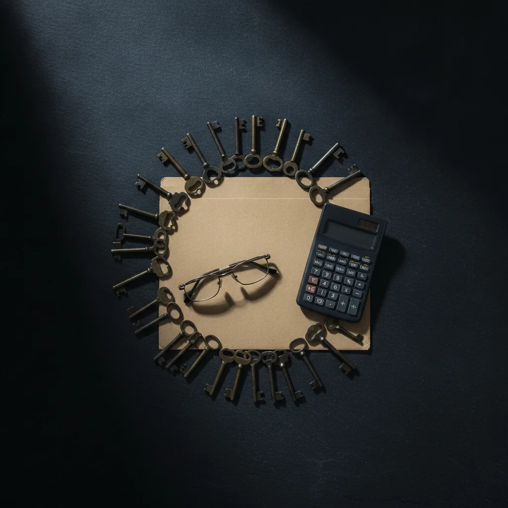 Shop keys, a folder, calculator and glasses laid out on dark slate