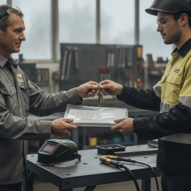 Workshop owner handing keys and a folder to a younger worker in a fabrication shop