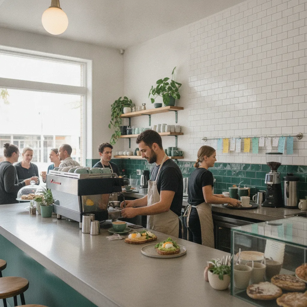 Cafe staff working smoothly behind a counter, making coffee and serving food in bright daylight