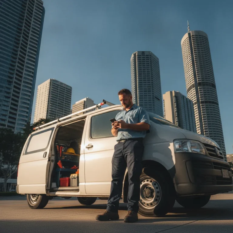 Plumber beside a van checking his phone with Brisbane city towers behind him in morning sun