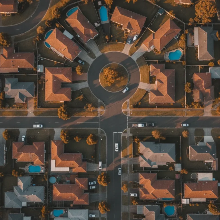 Aerial view of a Western Sydney suburb with tiled roofs, driveways and work vans