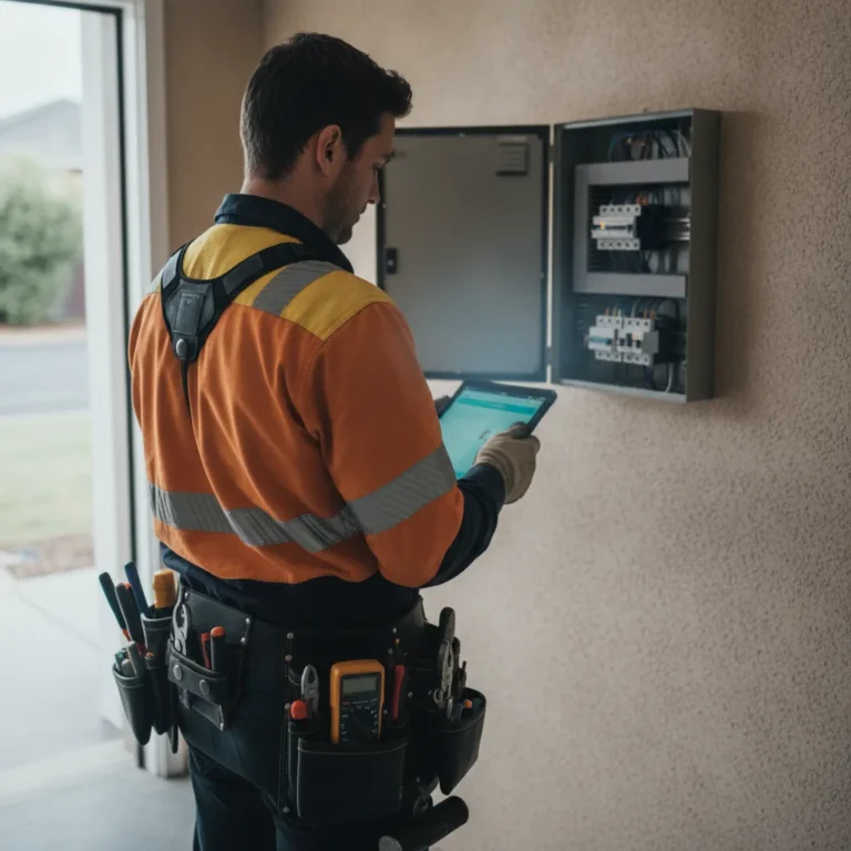 Electrician at an open switchboard holding a tablet in a suburban Melbourne home