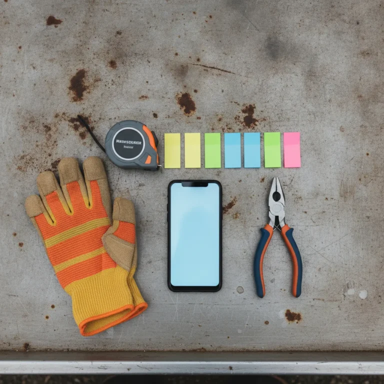 Flat-lay of tradie tools, phone and sticky notes on a ute tray