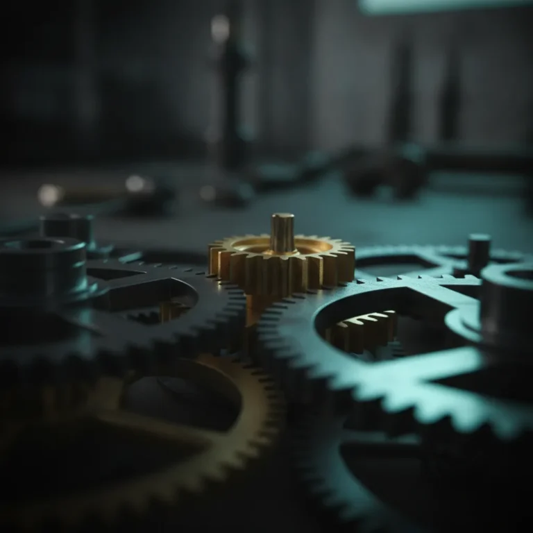 Close-up of interlocking brass and steel gears with one custom-cut gear at the centre