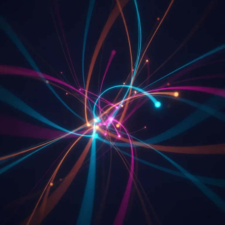 Abstract glowing light trails and network nodes on a dark navy background