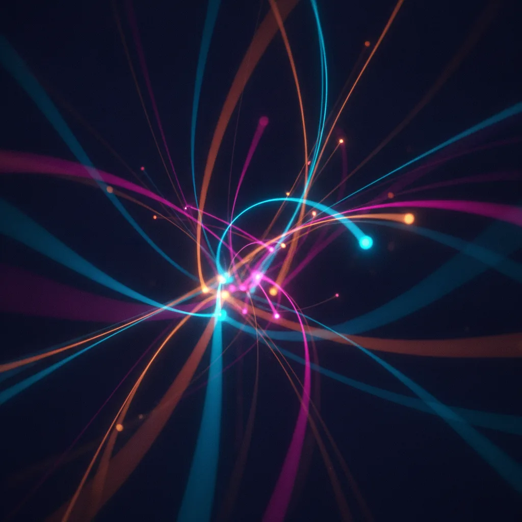 Abstract glowing light trails and network nodes on a dark navy background