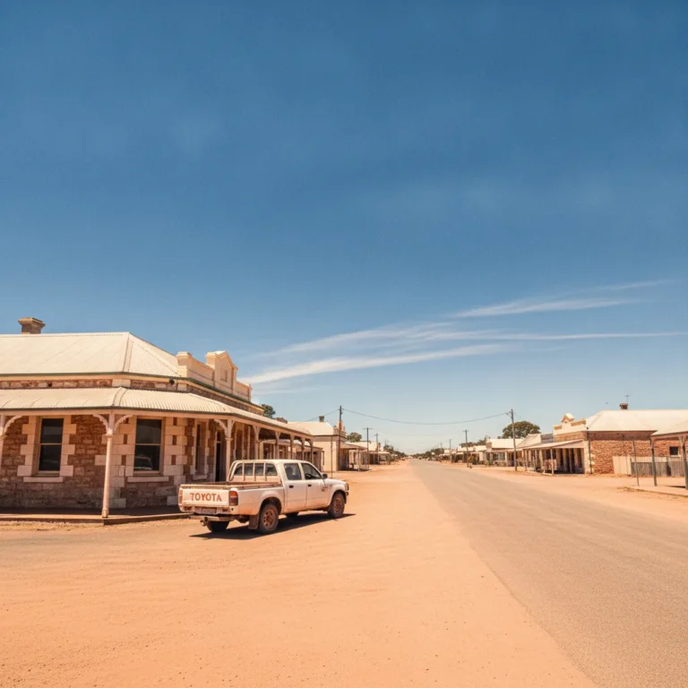 Country town main street with a ute and verandah buildings under a big blue sky