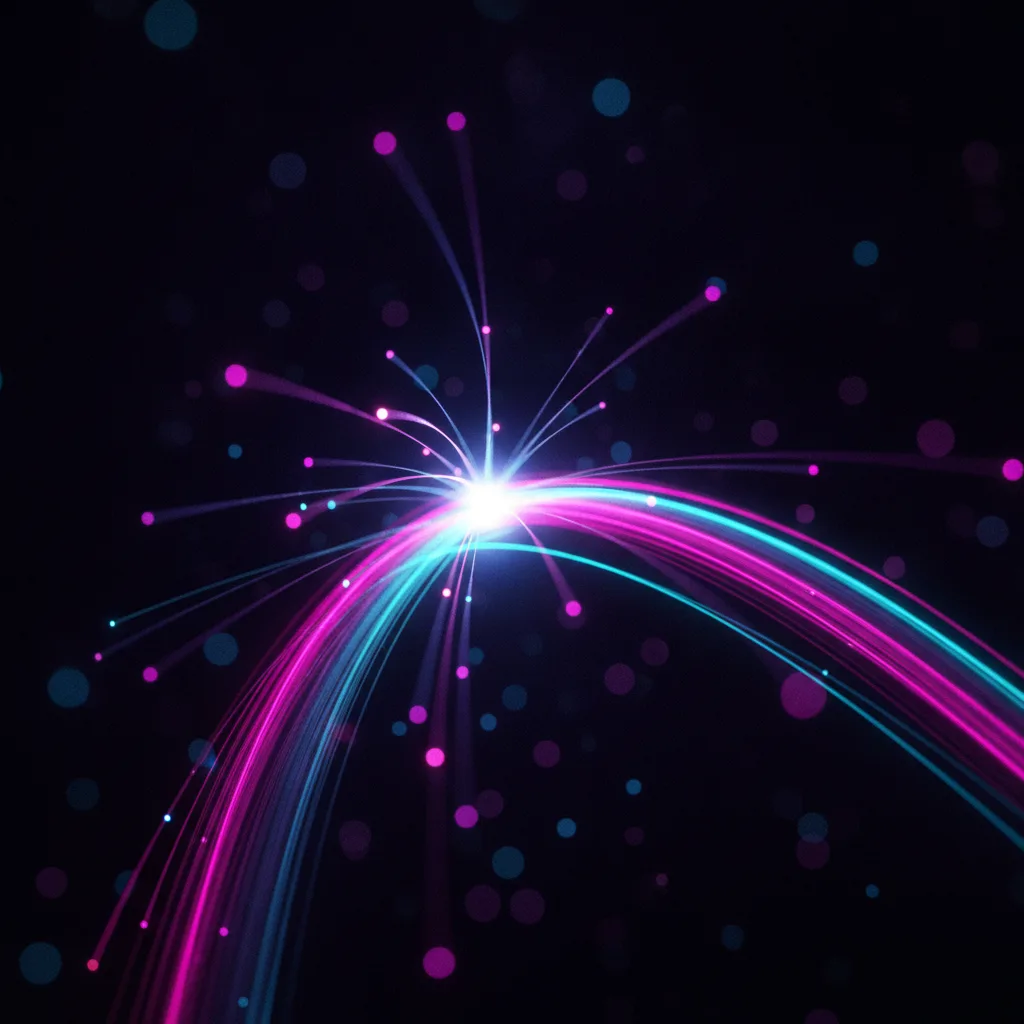 Glowing magenta and cyan light trails flowing through a dark space like streams of data