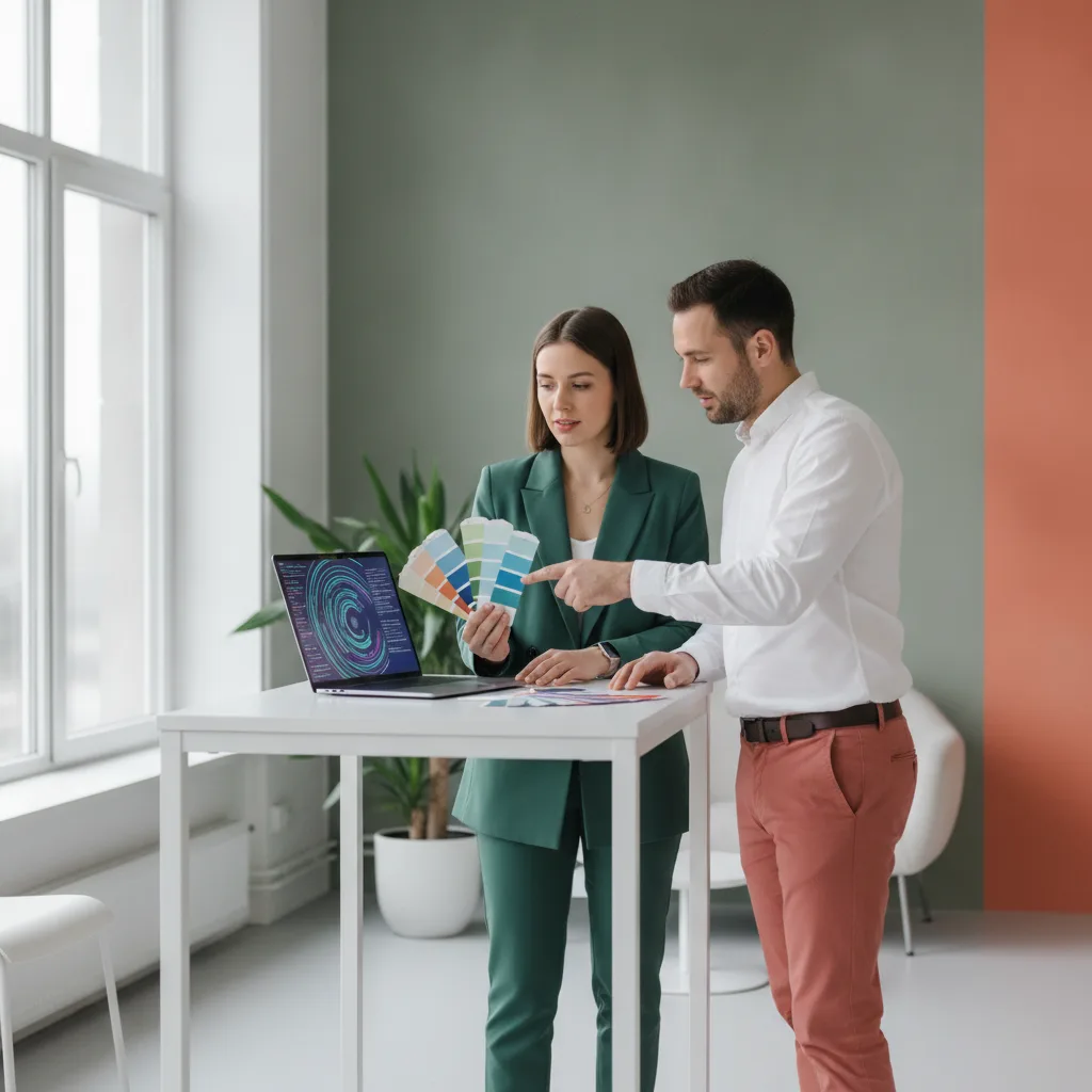Two colleagues in a studio, one with colour swatches and one with a laptop, discussing a website