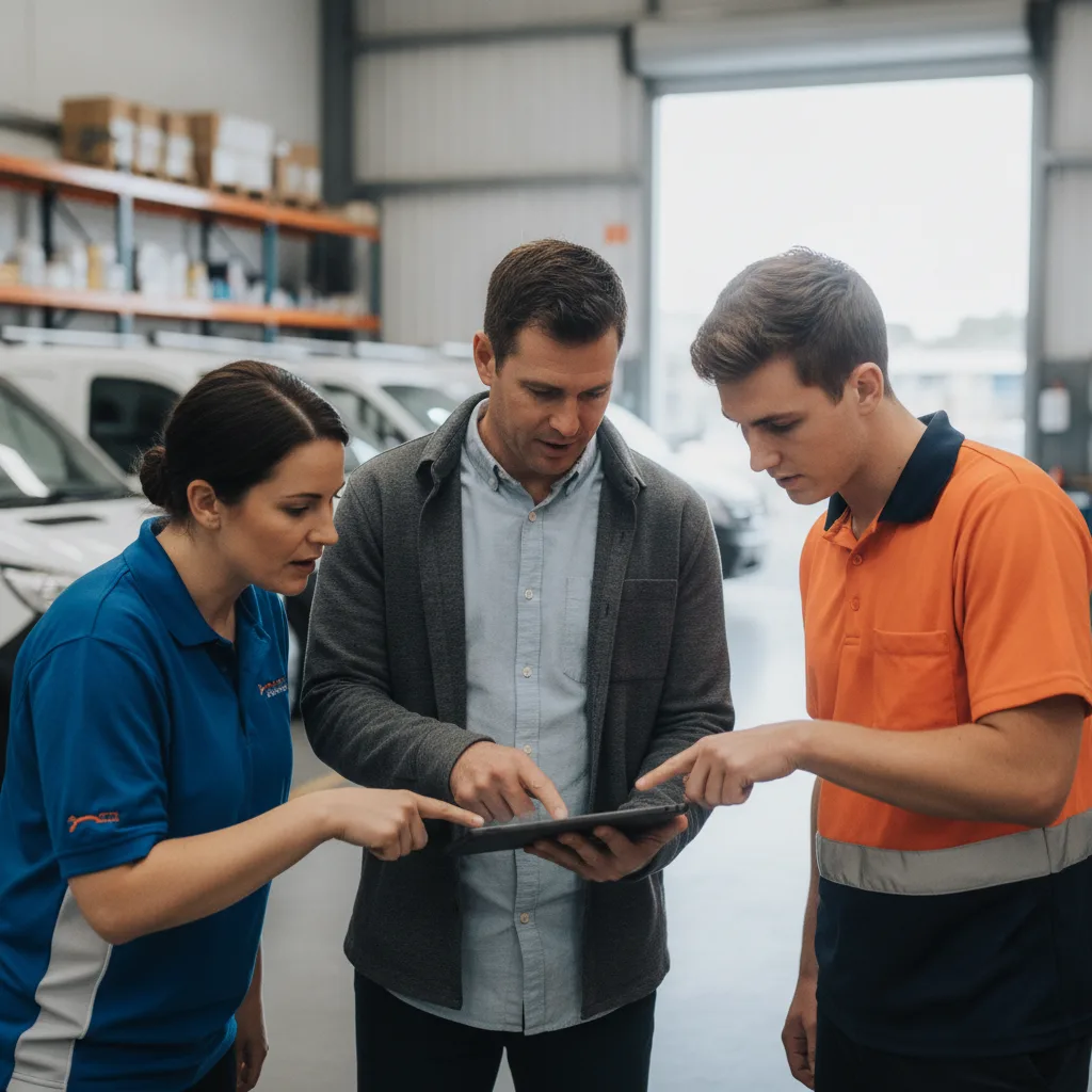 Consultant showing a tablet to a plumbing owner and staffer in a bright workshop
