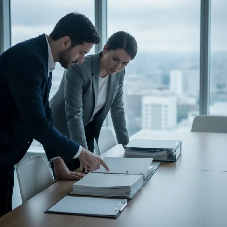 Two professionals review folders of business documents across a meeting room table