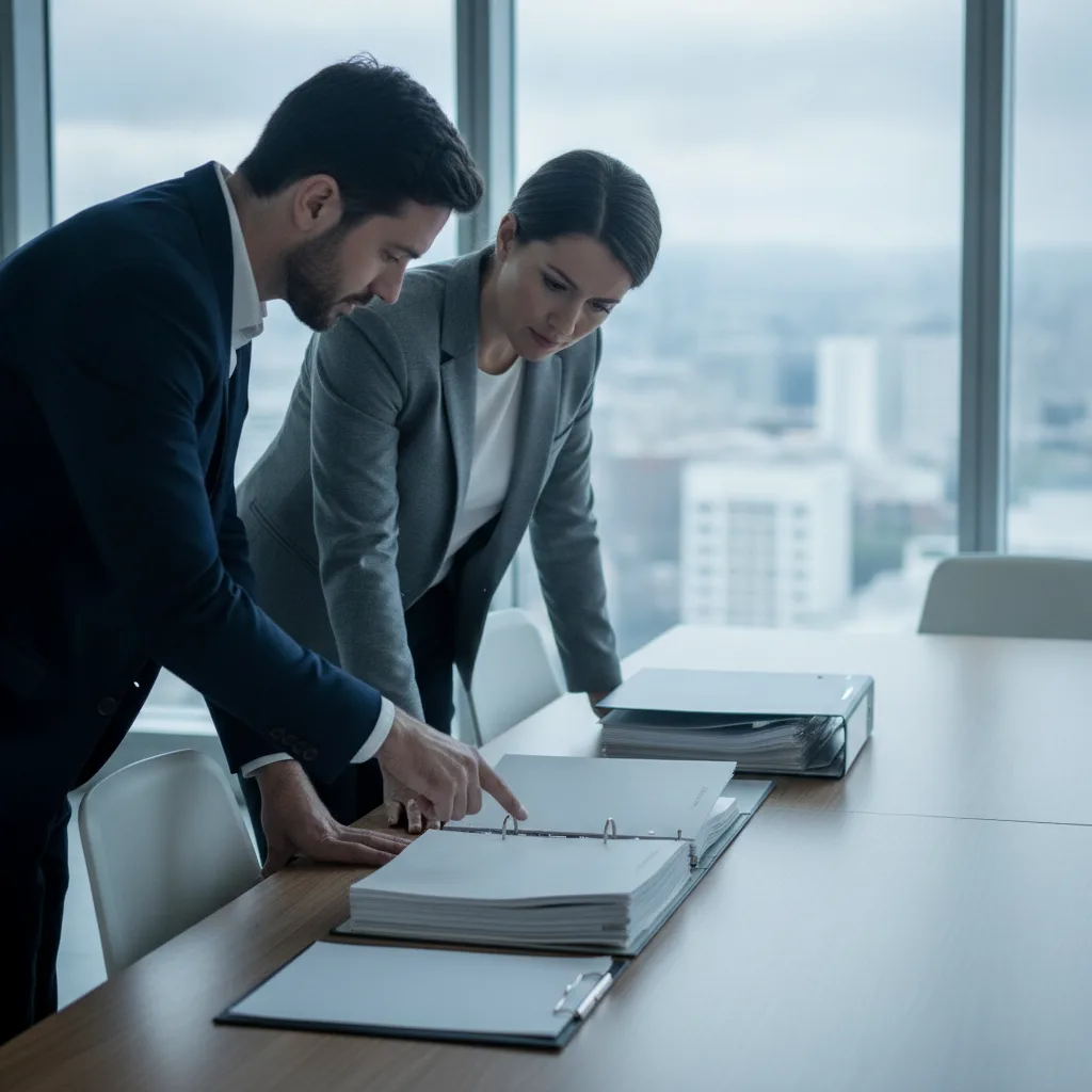 Two professionals review folders of business documents across a meeting room table