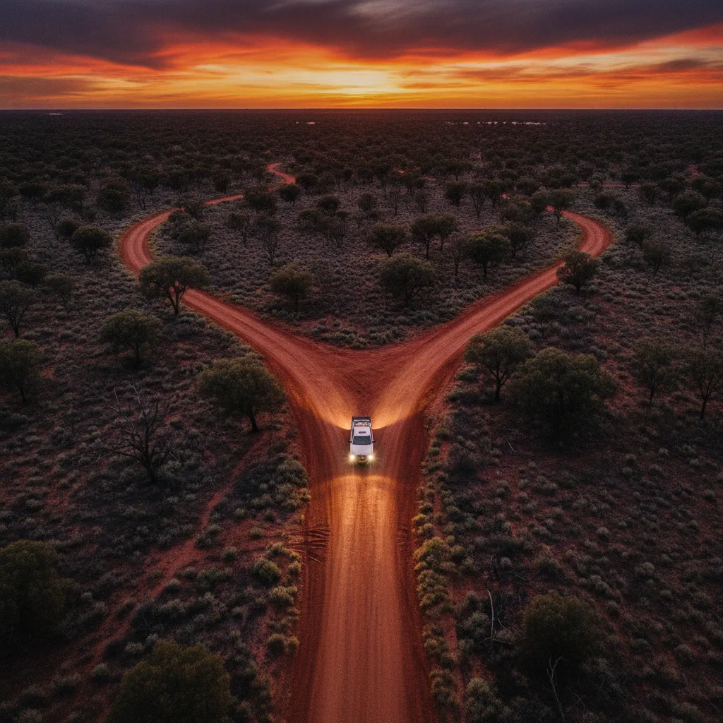 Aerial view of a ute at a fork in a red dirt road at dusk, several tracks branching ahead