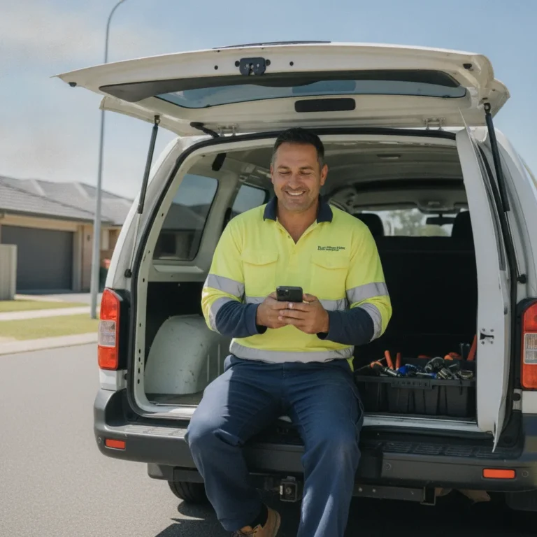 A plumber in hi-vis sits at the back of his van checking his phone on a sunny suburban street