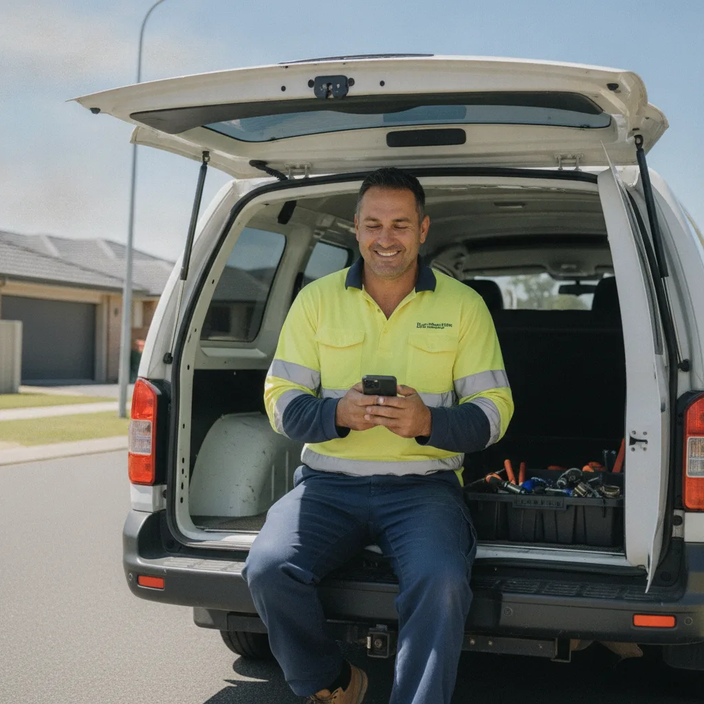 A plumber in hi-vis sits at the back of his van checking his phone on a sunny suburban street