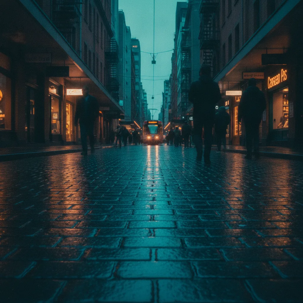 Melbourne laneway at blue dusk with a tram and glowing café windows