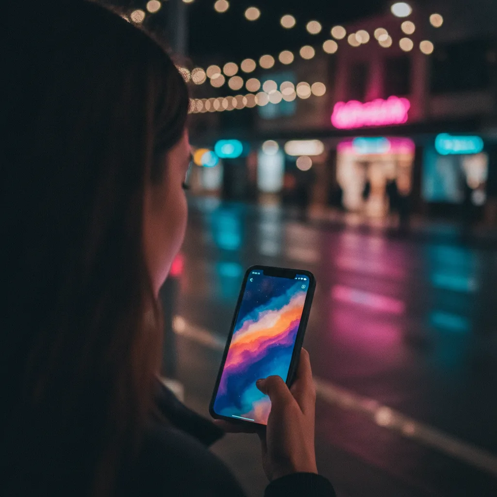 Woman holds a glowing smartphone on a Noosa street at night with neon shopfront lights behind
