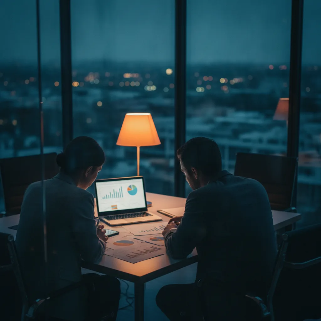 Business owner and consultant review charts together in a glass meeting room at dusk