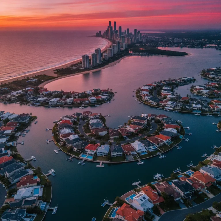 Aerial view of Gold Coast canals, rooftops and beachfront towers at a vivid sunset