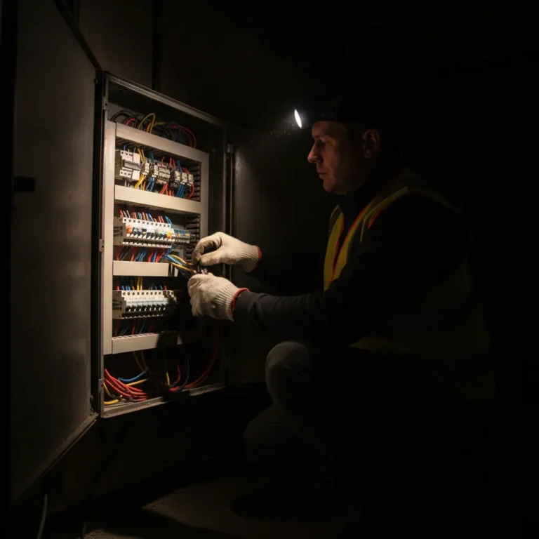 Electrician with headlamp working at an open switchboard in a dark garage