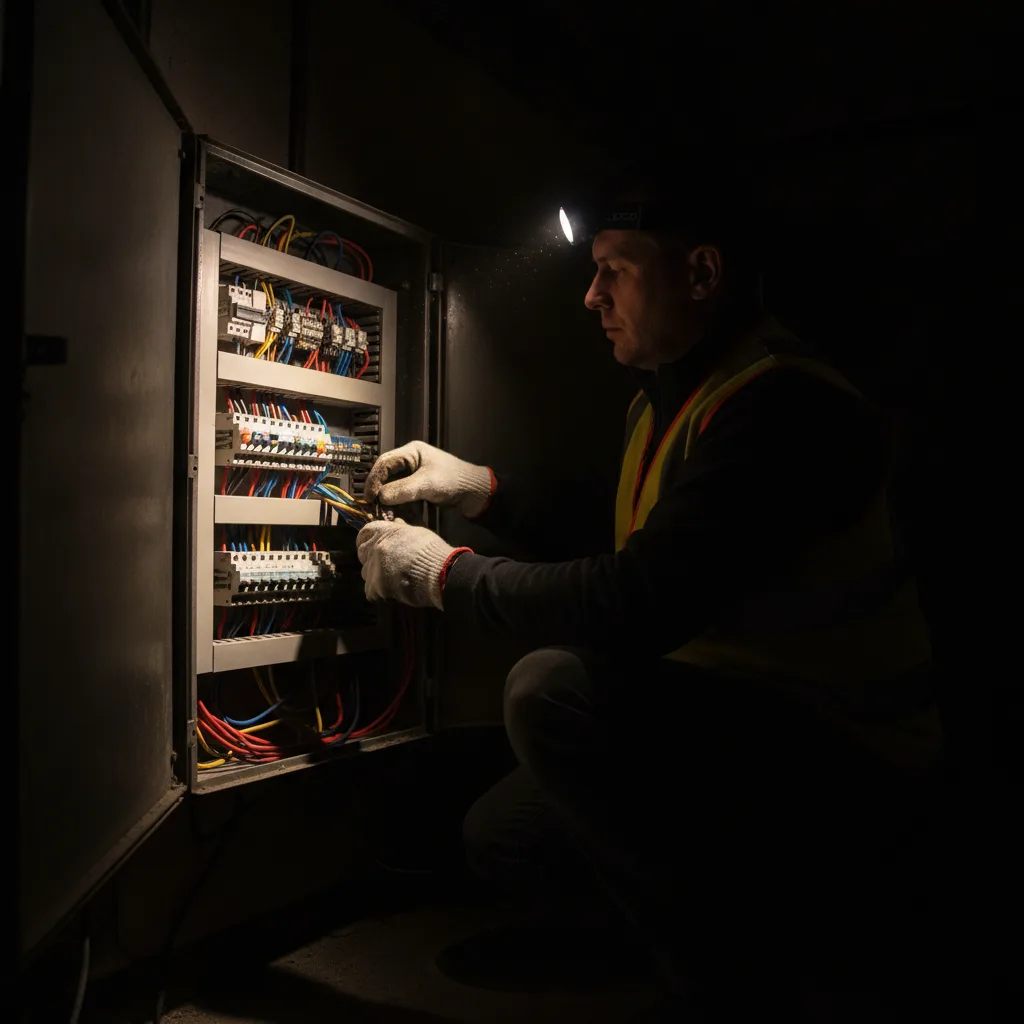 Electrician with headlamp working at an open switchboard in a dark garage