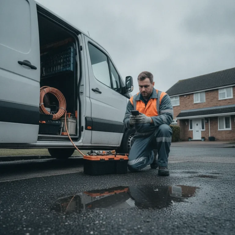 A plumber in hi-vis checks his phone beside an open work van on a suburban street