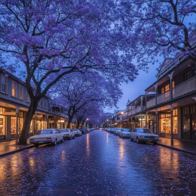 Brisbane suburban shopping strip at blue hour with a jacaranda tree