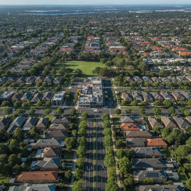 Aerial view of western Melbourne suburbs with rooftops, a small shopping strip and quiet streets in bright daylight