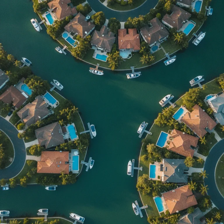 Aerial view of Gold Coast canal homes with pools and boats