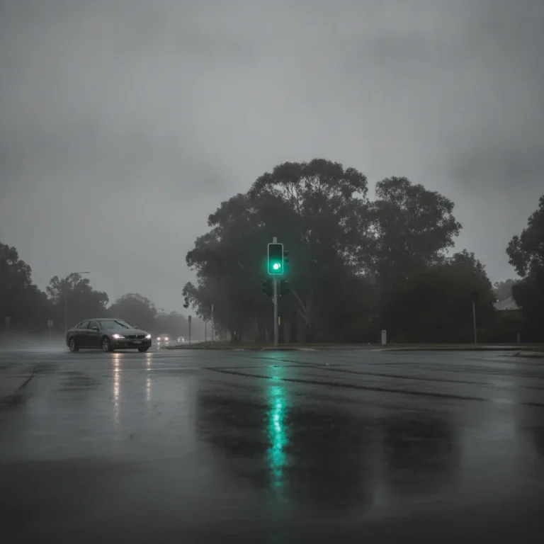 Green traffic light at a quiet suburban intersection on an overcast day