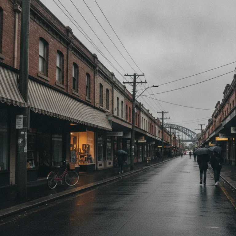 Inner West Sydney street of terrace shopfronts on an overcast afternoon with wet pavement