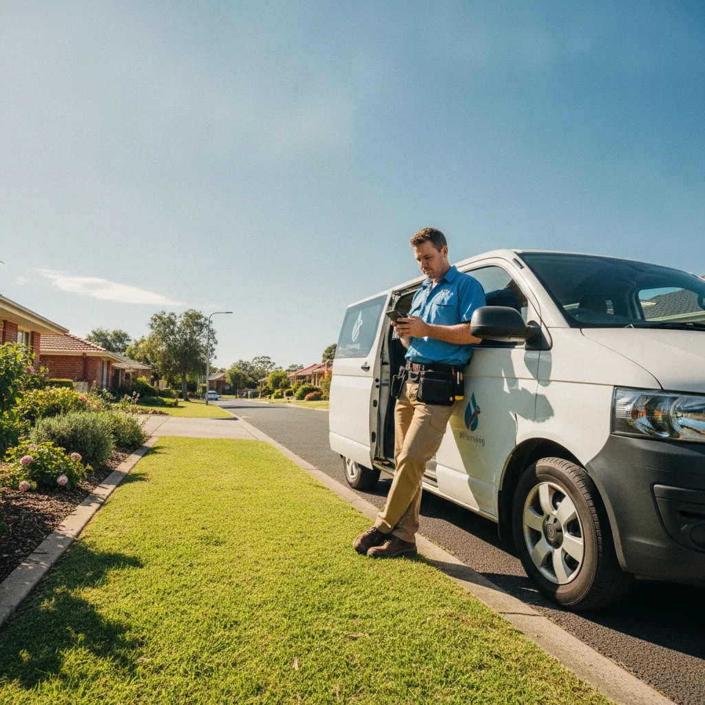 A plumber checks his phone beside a white work van on a sunny suburban street